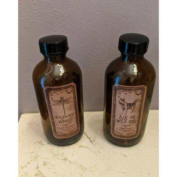 Two New Brown Bottle Apothecary Bottles Dragonfly wings Air of‎ wild dog - Picture 1 of 3
